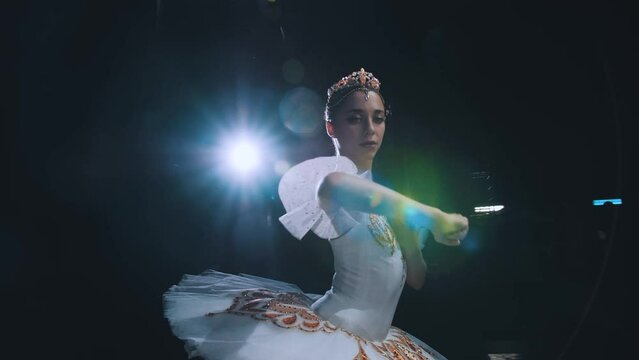 Close-up portrait of a young ballerina dancing in the spotlight on stage. The artist of the ballette freezes in a beautiful pose. Ballet dancer. Beautiful classical ballet pose. 