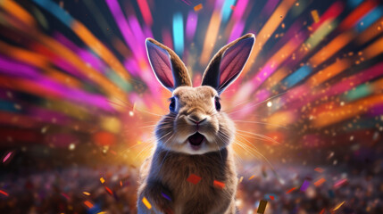 A jittery jackrabbit,  bouncing to the bass and electrifying the dance floor - obrazy, fototapety, plakaty