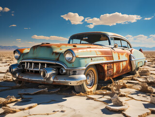 Abandoned car in a desert. Generative AI
