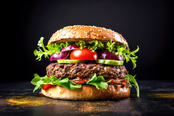 Delicious hamburger with beef patty, lettuce and tomato on black background