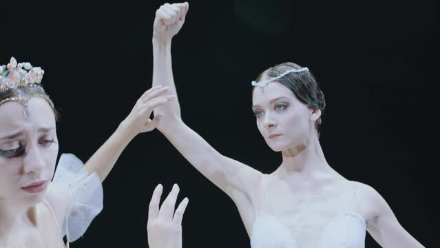 Ballet. Two ballerinas are standing in a beautiful pose. 3D. Bayadere. Rivalry and confrontation of ballerinas.