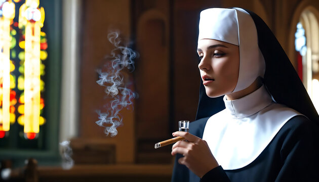 young Sexy nun smoking big cuban cigar and alcohol in glass on catholic church with arched windows background. female nun wearing dark clothing. girl smoking and holding glass of wine. Generative ai