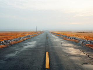 Empty asphalt road in the steppe at sunset, natural landscape background. Generative AI