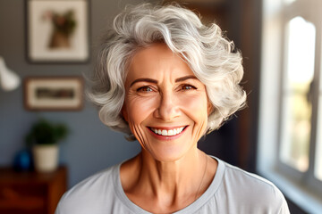 Fototapeta na wymiar Smiling middle aged mature grey haired woman looking at camera, happy old lady in glasses posing at home indoor, positive single senior retired female sitting on sofa in living room headshot portrait