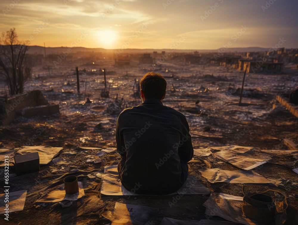 Poster a man is sitting on the ground and looking at the sunset. generative ai