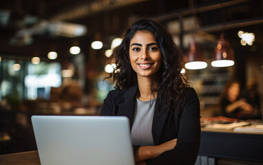 Portrait of young Indian smiling businesswoman using laptop in office, strong women concept