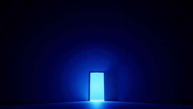  door opening in darkness. Blue door open with glowing lights inside. Magical camera zoom into white