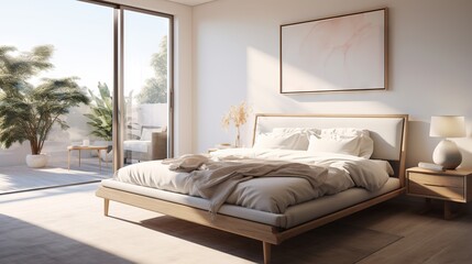  a bedroom with a bed, nightstands and a large window.  generative ai