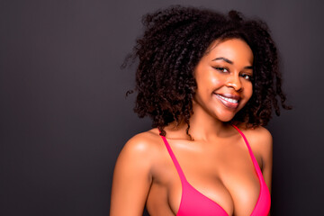 Portrait of a beautiful smiling black woman with afro in swimsuit on black background