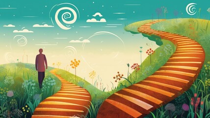 Visualize a person walking along a winding path, passing milestones labeled with different life stages and associated retirement savings goals