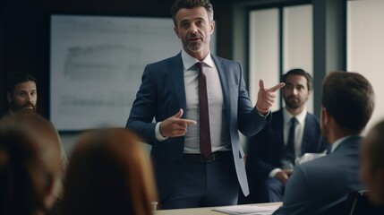 Confident businessman executive mentor ceo leader talk to employees group during corporate briefing in boardroom, serious male boss explain work plan to multiethnic workers at office meeting table - obrazy, fototapety, plakaty