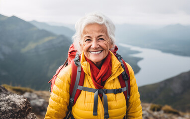 Elderly smiling senior woman with a backpack on a hiking trip in the mountains, strong woman concept, activity in retirement - obrazy, fototapety, plakaty