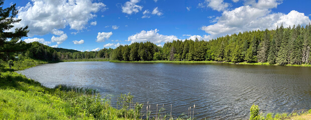 Panorama of Lincoln Pond in Huyck Preserve, Rensselaerville, New York