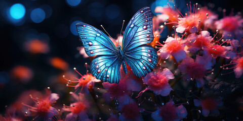 Fototapeta na wymiar Beautiful glowing magical multi-colored butterfly on beautiful flowers. Fantasy. Animal Protection Day concept. Banner