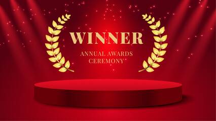 Luxury red background for the annual awards ceremony with realistic podium, text and golden laurel wreath.