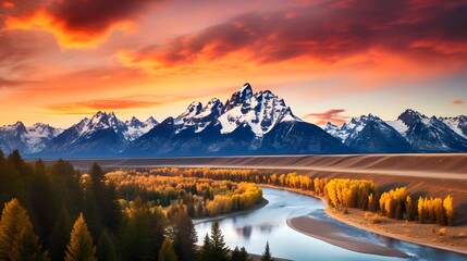 Panoramic view of the river and mountains at sunset, New Zealand