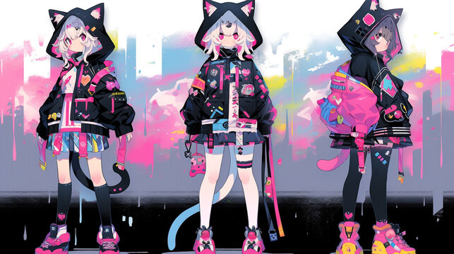 cute anime style girl animal costume cyberpunk school uniform, with generative ai