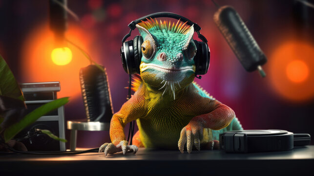 A confident chameleon,  blending into the DJ booth with headphones