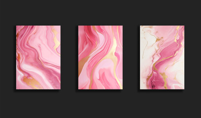 Set of Vector pink gold liquid marble texture, Magenta and gold marbling surface bundle. Water oil marble ink background.