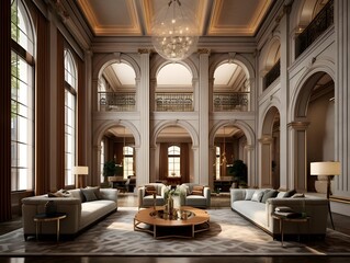 Luxury hotel lobby interior. 3D rendering, 3D illustration.