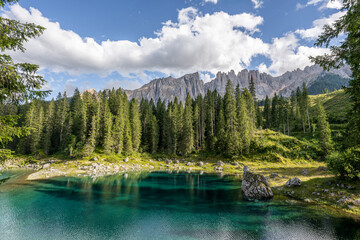 Carezza lake on a sunny day, Italy. - 655327568
