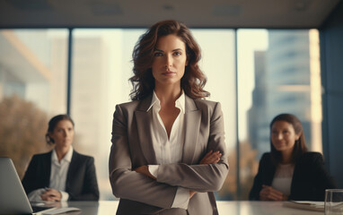 Portrait of a beautiful strong young businesswoman in a suit in the office, strong women concept - obrazy, fototapety, plakaty