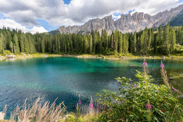 Carezza lake on a sunny day, Italy. - 655327714