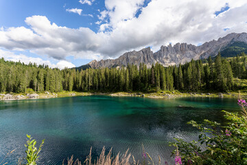 Carezza lake on a sunny day, Italy. - 655327729