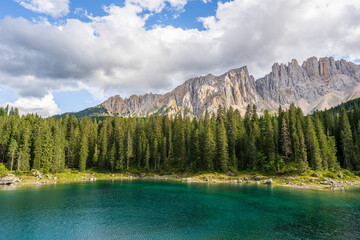 Carezza lake on a sunny day, Italy. - 655327945