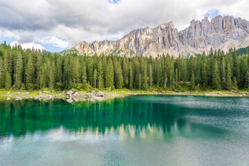 Carezza lake on a sunny day, Italy.