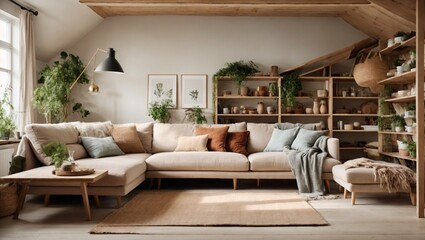 Scandinavian modern living room with sofa with pillows and blanket against window