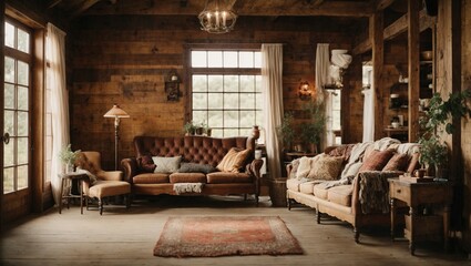 Fototapeta na wymiar cozy charm of a rustic farmhouse, distressed wood, vintage decor, warm, earthy colors