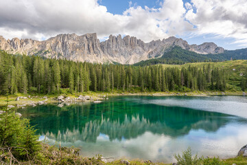 Carezza lake on a sunny day, Italy. - 655328554