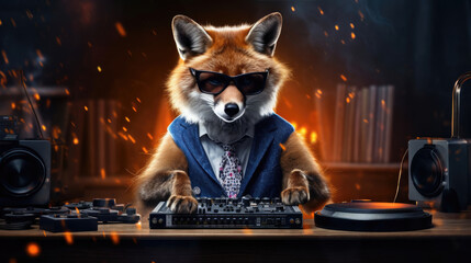 A trendy fox behind the turntables,  rocking the party with music