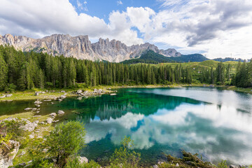 Carezza lake on a sunny day, Italy. - 655328588