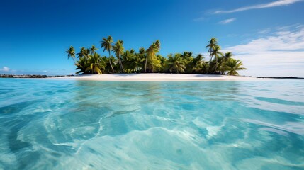 Panoramic view of a tropical island with palm trees and turquoise water - obrazy, fototapety, plakaty