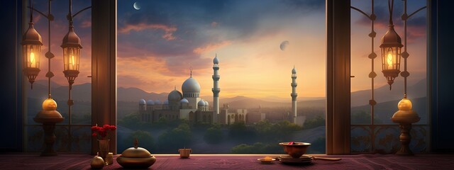 decoration background with lantern and crescent moon luxury style, ramadan kareem, mawlid, iftar, isra miraj, eid al fitr adha ai generated - obrazy, fototapety, plakaty