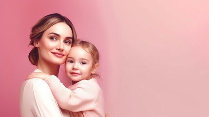 Mother and kid on pink background Generative AI