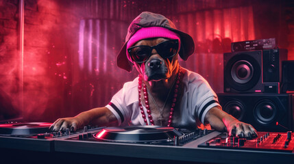 A hipster dog in shades,  dropping beats as the nightclub DJ