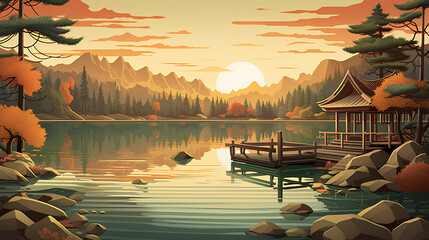 forest river illustration with traditional japanese art style