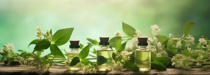 Fotobehang Herb essential oil aroma bootle and leaf Generative AI © Digi ART