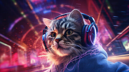 A cool cat wearing headphones,  spinning tracks in a neon-lit nightclub - obrazy, fototapety, plakaty