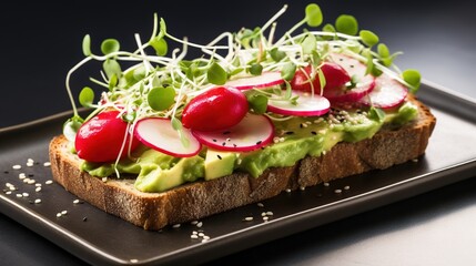 Fototapeta na wymiar a sandwich with radishes, avocado and sprouts. generative ai