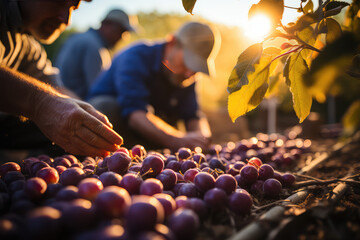People sorting plums that have been picked, outdoor shot