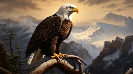  a bald eagle perched on a tree branch in front of mountains.  generative ai