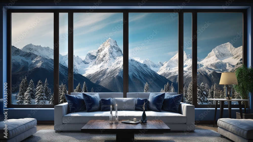 Sticker a living room with a large window and a mountain view. generative ai