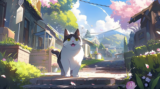 cute action happy cat ​​playing in the park, generative flower background ai