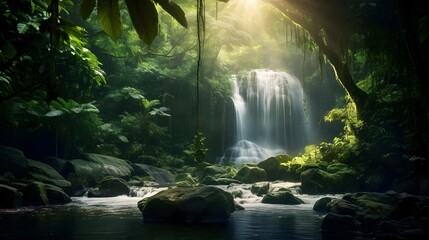 Beautiful waterfall in the forest. Panoramic view of a waterfall in the forest.