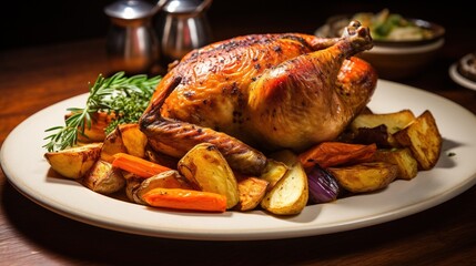  a roasted turkey with potatoes and carrots on a white plate.  generative ai