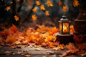 lantern in autumn forest - obrazy, fototapety, plakaty